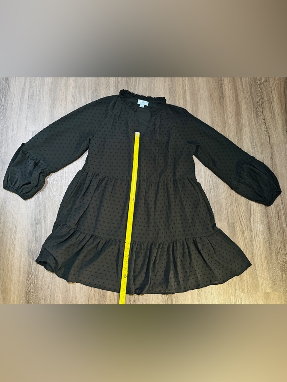 CeCe Black Swiss Dot Ruffle Tiered Mini Dress Size M Boho Long Sleeve Flowy - Picture 4 of 10